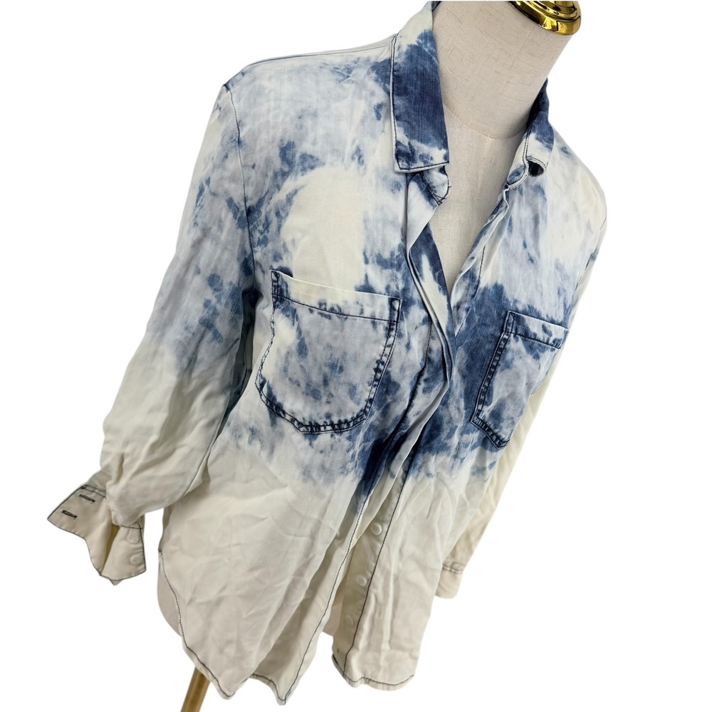 Saks Fifth Avenue RED Button Down Women Small Indigo White Tie Dye Ombre Lyocell